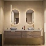 Hangend donker eiken badkamermeubel 200 cm met één lade en grijs limestone blad