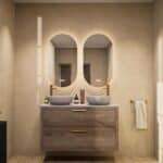 Hangend donker eiken badkamermeubel 120 cm met twee lades en grijs limestone blad