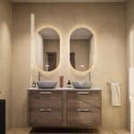 Hangend donker eiken badkamermeubel 140 cm met twee lades en grijs limestone blad