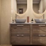 Hangend donker eiken badkamermeubel 140 cm met twee lades en grijs limestone blad