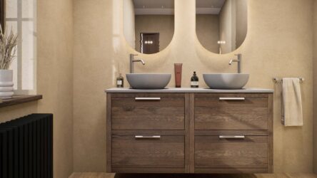 Hangend donker eiken badkamermeubel 140 cm met twee lades en grijs limestone blad