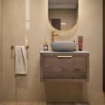 Hangend donker eiken badkamermeubel 70 cm met één lade en grijs limestone blad