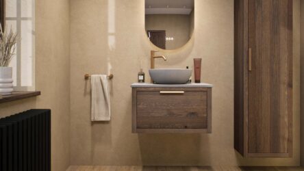Hangend donker eiken badkamermeubel 70 cm met één lade en grijs limestone blad