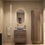 Hangend donker eiken badkamermeubel 70 cm met twee lades en grijs limestone blad