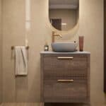 Hangend donker eiken badkamermeubel 70 cm met twee lades en grijs limestone blad