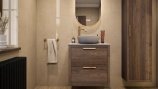 Hangend donker eiken badkamermeubel 70 cm met twee lades en grijs limestone blad