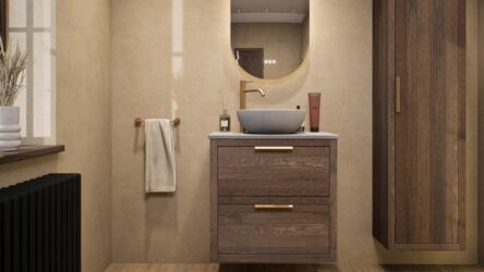 Hangend donker eiken badkamermeubel 70 cm met twee lades en grijs limestone blad