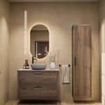 Hangend donker eiken badkamermeubel 100 cm met twee lades en grijs limestone blad