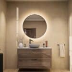 Hangend donker eiken badkamermeubel 120 cm met enkele wastafel, twee lades en grijs limestone blad