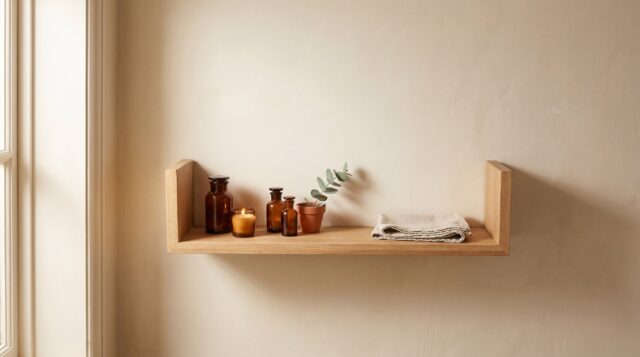 Wandplank van massief eikenhout in de kleur Naturel Eiken. Voorzien van een onzichtbare bevestiging en perfect voor badkamer, toilet of woonruimte.