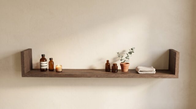 Royale wandplank van massief eikenhout in de kleur Donker Eiken. Voorzien van een onzichtbare bevestiging en perfect voor badkamer, toilet of woonruimte.