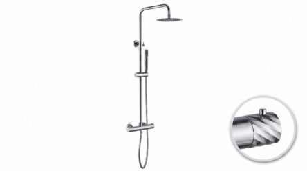 Moderne opbouwdoucheset in chroom met thermostatische douchekraan, hoofddouche van Ø20 cm en handdouche. Verkrijgbaar in 6 kleuren en voorzien van 5 jaar garantie. Kenmerkend voor de Toscana serie is het gedraaide reliëf op de bediening: een subtiel