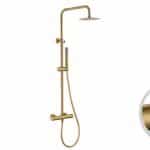 Luxe opbouwdoucheset in geborsteld goud met PVD-coating, thermostatische douchekraan en hoofddouche van Ø20 cm. Inclusief handdouche. Verkrijgbaar in 6 kleuren en 5 jaar garantie. Kenmerkend voor de Toscana serie is het gedraaide reliëf op de bedieni