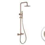 Stijlvolle opbouwdoucheset in geborsteld koper met PVD-coating, thermostatische douchekraan en hoofddouche van Ø20 cm. Inclusief verstelbare handdouche. Verkrijgbaar in 5 kleuren en 5 jaar garantie.
