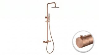 Stijlvolle opbouwdoucheset in geborsteld koper met PVD-coating, thermostatische douchekraan en hoofddouche van Ø20 cm. Inclusief verstelbare handdouche. Verkrijgbaar in 5 kleuren en 5 jaar garantie.