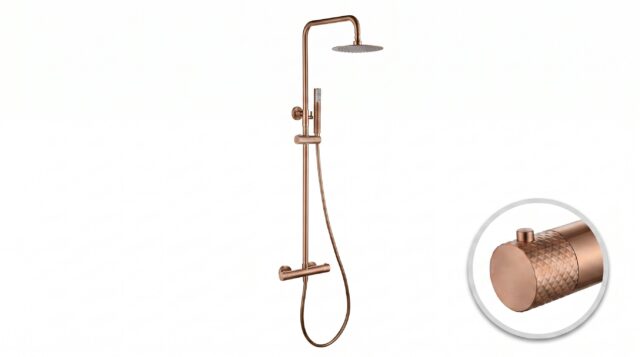 Stijlvolle opbouwdoucheset in geborsteld koper met PVD-coating, thermostatische douchekraan en hoofddouche van Ø20 cm. Inclusief verstelbare handdouche. Verkrijgbaar in 5 kleuren en 5 jaar garantie.
