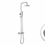 Moderne opbouwdoucheset in chroom met thermostatische douchekraan, hoofddouche van Ø20 cm en in hoogte verstelbare handdouche. Verkrijgbaar in 5 kleuren en voorzien van 5 jaar garantie.