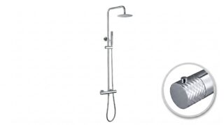 Moderne opbouwdoucheset in chroom met thermostatische douchekraan, hoofddouche van Ø20 cm en in hoogte verstelbare handdouche. Verkrijgbaar in 5 kleuren en voorzien van 5 jaar garantie.
