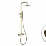 Luxe opbouwdoucheset in geborsteld goud met PVD-coating, thermostatische douchekraan en hoofddouche van Ø20 cm. Inclusief verstelbare handdouche. Verkrijgbaar in 5 kleuren en 5 jaar garantie.