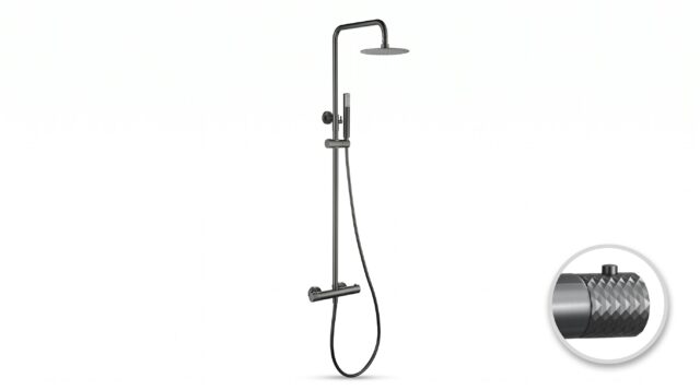Luxe opbouwdoucheset in Black Gun Metal met PVD-coating, thermostatische douchekraan en hoofddouche van Ø20 cm. Inclusief verstelbare handdouche. Verkrijgbaar in 5 kleuren en 5 jaar garantie.