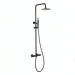 Stijlvolle opbouwdoucheset in mat zwart, thermostatische douchekraan en hoofddouche van Ø20 cm. Inclusief verstelbare handdouche. Verkrijgbaar in 5 kleuren en voorzien van 5 jaar garantie.