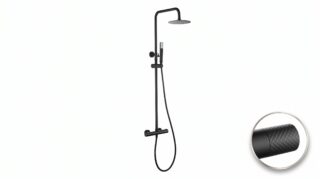 Stijlvolle opbouwdoucheset in mat zwart, thermostatische douchekraan en hoofddouche van Ø20 cm. Inclusief verstelbare handdouche. Verkrijgbaar in 5 kleuren en voorzien van 5 jaar garantie.