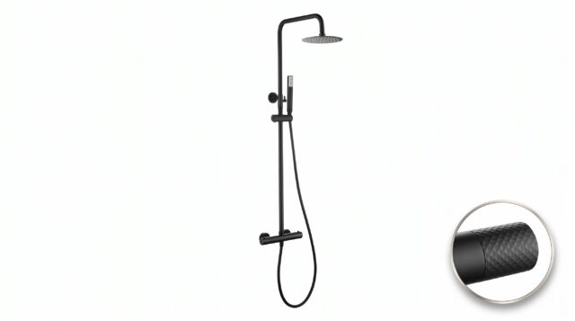 Stijlvolle opbouwdoucheset in mat zwart, thermostatische douchekraan en hoofddouche van Ø20 cm. Inclusief verstelbare handdouche. Verkrijgbaar in 5 kleuren en voorzien van 5 jaar garantie.