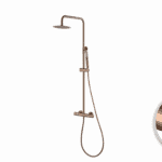 Stijlvolle opbouwdoucheset in geborsteld koper met PVD-coating, thermostatische douchekraan en hoofddouche van Ø20 cm. Inclusief verstelbare handdouche. Verkrijgbaar in 6 kleuren en 5 jaar garantie.