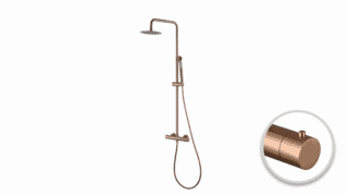 Stijlvolle opbouwdoucheset in geborsteld koper met PVD-coating, thermostatische douchekraan en hoofddouche van Ø20 cm. Inclusief verstelbare handdouche. Verkrijgbaar in 6 kleuren en 5 jaar garantie.