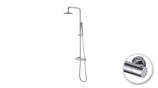 Moderne opbouwdoucheset in chroom met thermostatische douchekraan, hoofddouche van Ø20 cm en in hoogte verstelbare handdouche. Verkrijgbaar in 6 kleuren en voorzien van 5 jaar garantie.