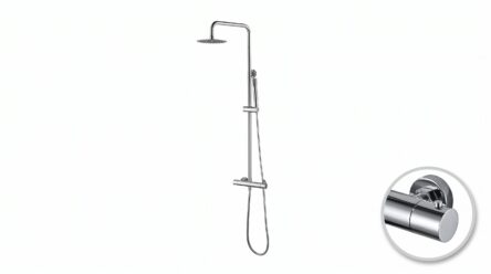 Moderne opbouwdoucheset in chroom met thermostatische douchekraan, hoofddouche van Ø20 cm en in hoogte verstelbare handdouche. Verkrijgbaar in 6 kleuren en voorzien van 5 jaar garantie.