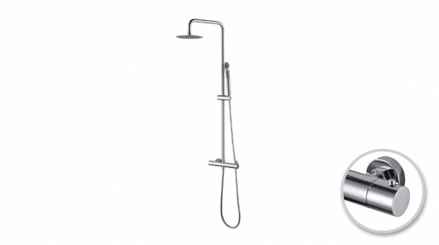 Moderne opbouwdoucheset in chroom met thermostatische douchekraan, hoofddouche van Ø20 cm en in hoogte verstelbare handdouche. Verkrijgbaar in 6 kleuren en voorzien van 5 jaar garantie.