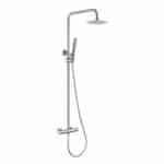 Moderne opbouwdoucheset in geborsteld nikkel, thermostatische douchekraan en hoofddouche van Ø20 cm. Inclusief verstelbare handdouche. Verkrijgbaar in 6 kleuren en 5 jaar garantie.