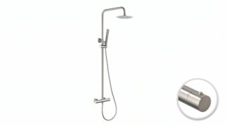 Moderne opbouwdoucheset in geborsteld nikkel, thermostatische douchekraan en hoofddouche van Ø20 cm. Inclusief verstelbare handdouche. Verkrijgbaar in 6 kleuren en 5 jaar garantie.