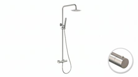 Moderne opbouwdoucheset in geborsteld nikkel, thermostatische douchekraan en hoofddouche van Ø20 cm. Inclusief verstelbare handdouche. Verkrijgbaar in 6 kleuren en 5 jaar garantie.