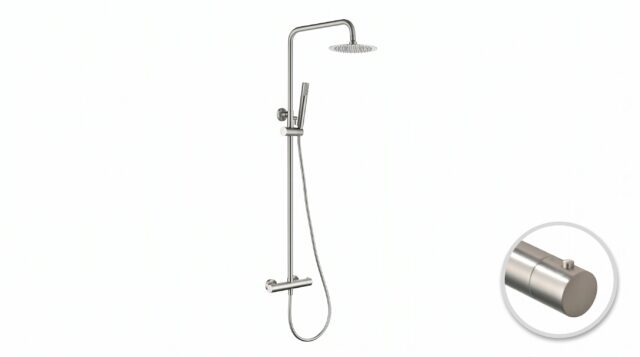 Moderne opbouwdoucheset in geborsteld nikkel, thermostatische douchekraan en hoofddouche van Ø20 cm. Inclusief verstelbare handdouche. Verkrijgbaar in 6 kleuren en 5 jaar garantie.