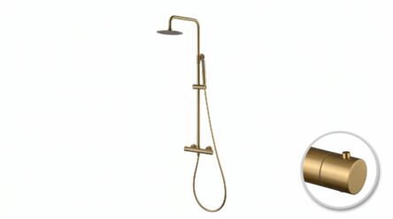 Luxe opbouwdoucheset in geborsteld goud met PVD-coating, thermostatische douchekraan en hoofddouche van Ø20 cm. Inclusief verstelbare handdouche. Verkrijgbaar in 6 kleuren en 5 jaar garantie.