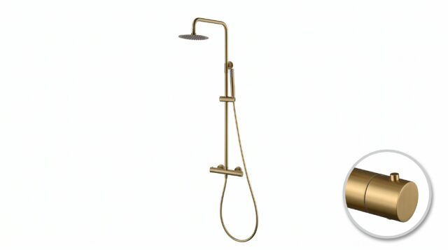Luxe opbouwdoucheset in geborsteld goud met PVD-coating, thermostatische douchekraan en hoofddouche van Ø20 cm. Inclusief verstelbare handdouche. Verkrijgbaar in 6 kleuren en 5 jaar garantie.