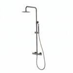 Luxe opbouwdoucheset in Black Gun Metal met PVD-coating, thermostatische douchekraan en hoofddouche van Ø20 cm. Inclusief verstelbare handdouche. Verkrijgbaar in 6 kleuren en 5 jaar garantie.