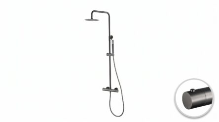 Luxe opbouwdoucheset in Black Gun Metal met PVD-coating, thermostatische douchekraan en hoofddouche van Ø20 cm. Inclusief verstelbare handdouche. Verkrijgbaar in 6 kleuren en 5 jaar garantie.