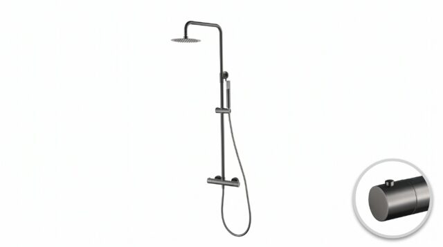 Luxe opbouwdoucheset in Black Gun Metal met PVD-coating, thermostatische douchekraan en hoofddouche van Ø20 cm. Inclusief verstelbare handdouche. Verkrijgbaar in 6 kleuren en 5 jaar garantie.