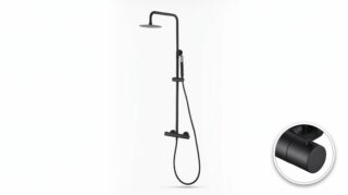 Stijlvolle opbouwdoucheset in mat zwart, thermostatische douchekraan en hoofddouche van Ø20 cm. Inclusief verstelbare handdouche. Verkrijgbaar in 6 kleuren en voorzien van 5 jaar garantie.