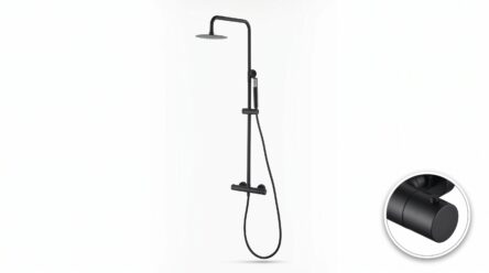Stijlvolle opbouwdoucheset in mat zwart, thermostatische douchekraan en hoofddouche van Ø20 cm. Inclusief verstelbare handdouche. Verkrijgbaar in 6 kleuren en voorzien van 5 jaar garantie.
