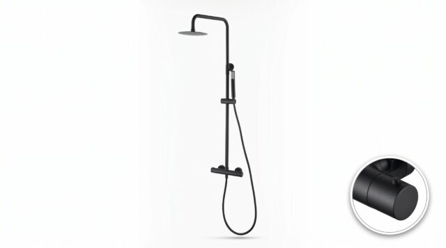 Stijlvolle opbouwdoucheset in mat zwart, thermostatische douchekraan en hoofddouche van Ø20 cm. Inclusief verstelbare handdouche. Verkrijgbaar in 6 kleuren en voorzien van 5 jaar garantie.