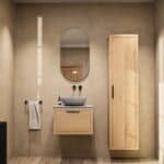 Modern naturel eiken badkamermeubel 60 cm met enkele lade, vlak front en grijs limestone blad met witte waskom