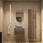 Hangend donker eiken badkamermeubel 60 cm met één lade en grijs limestone blad