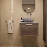 Hangend donker eiken badkamermeubel 60 cm met één lade en grijs limestone blad