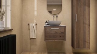 Hangend donker eiken badkamermeubel 60 cm met één lade en grijs limestone blad
