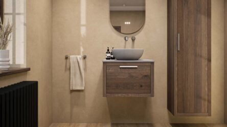 Hangend donker eiken badkamermeubel 60 cm met één lade en grijs limestone blad