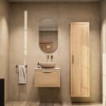 Hangend naturel eiken badkamermeubel 60 cm met één lade en beige limestone wastafel